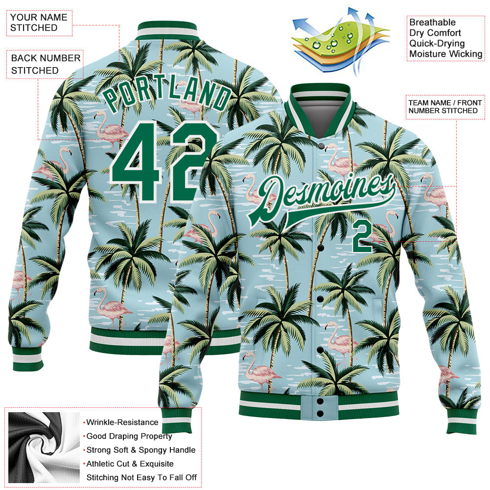 Custom Lakes Blue Kelly Green-White Flamingo And Tropical Hawaii Palm Tree 3D Bomber Full-Snap Varsity Letterman Jacket view 5
