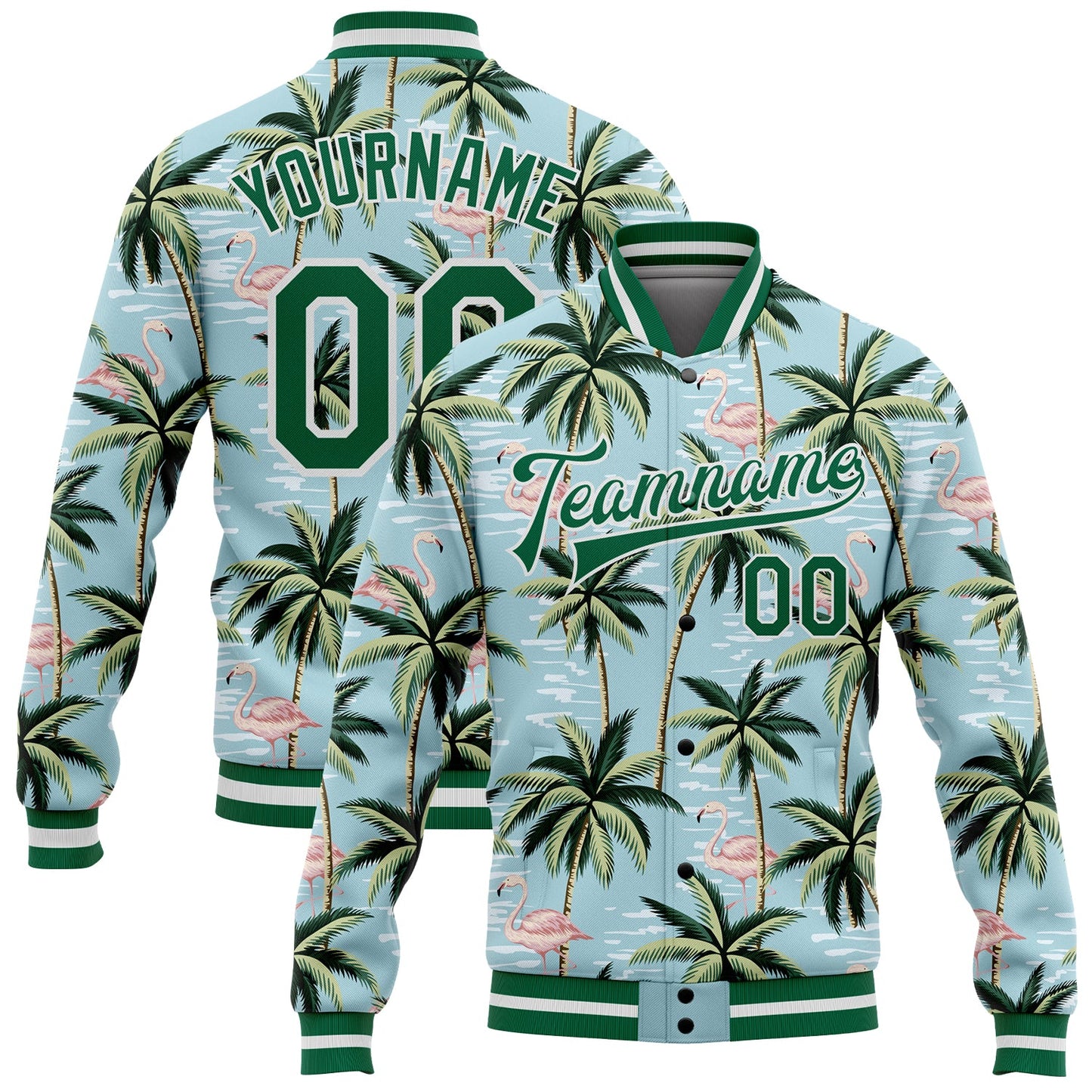 Custom Lakes Blue Kelly Green-White Flamingo And Tropical Hawaii Palm Tree 3D Bomber Full-Snap Varsity Letterman Jacket - Main View