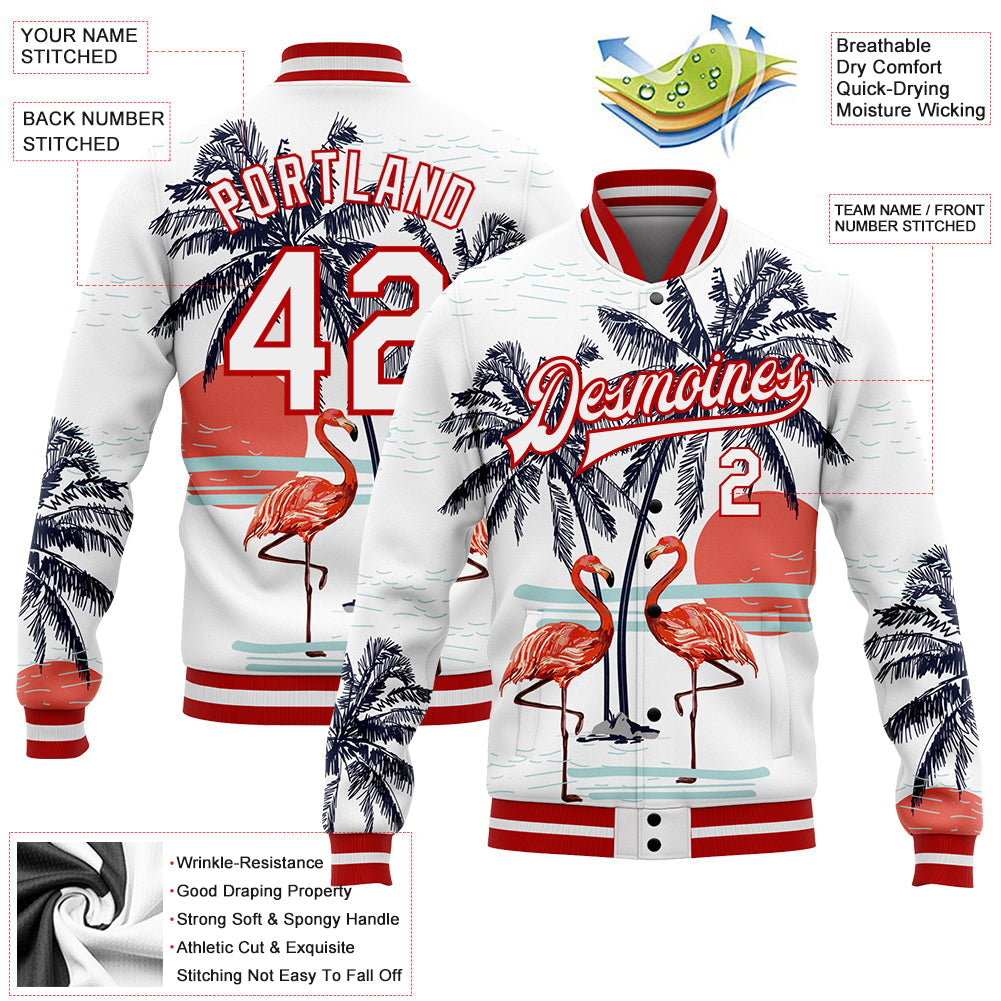 Custom White Red Flamingo And Tropical Hawaii Palm Tree 3D Bomber Full-Snap Varsity Letterman Jacket view 5