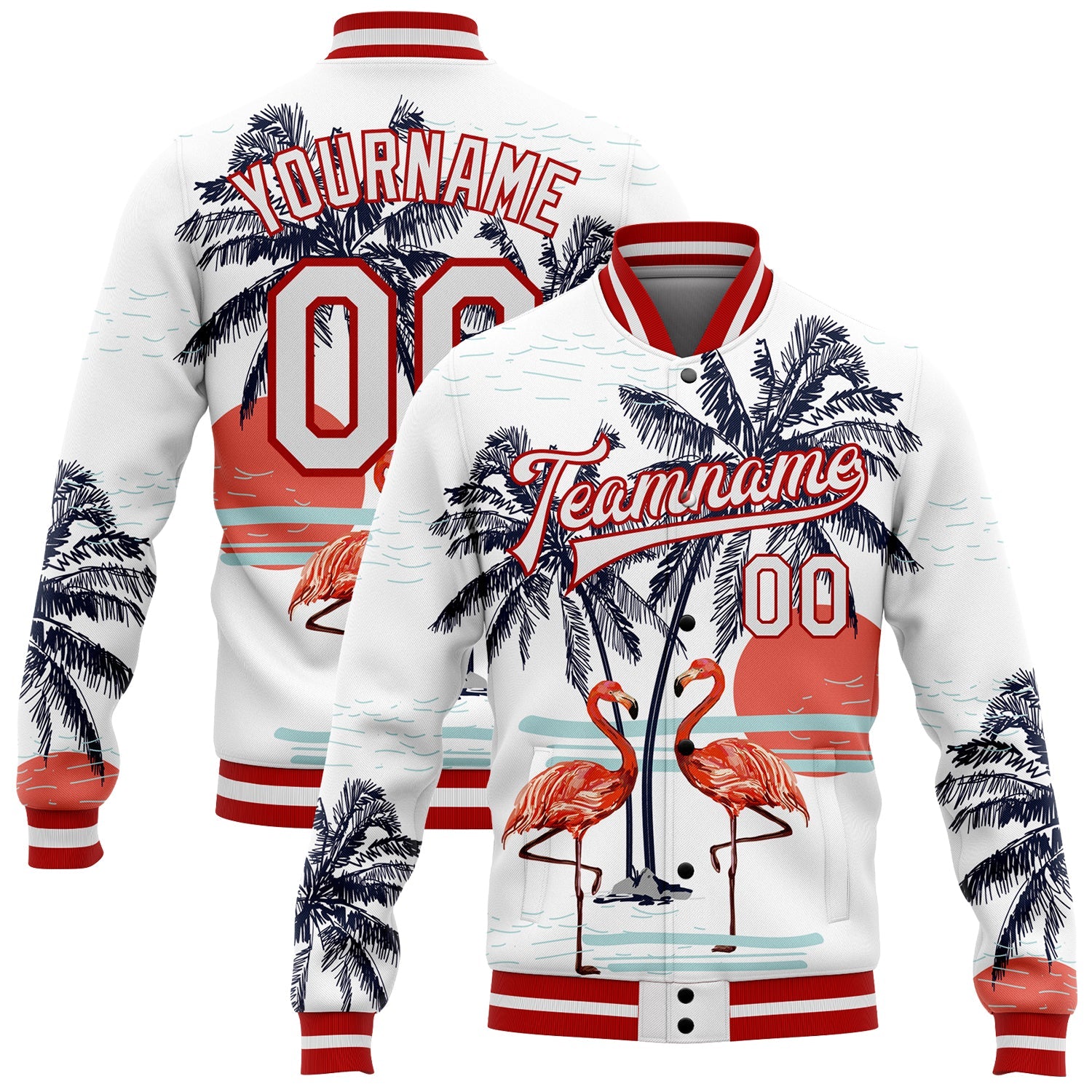 Custom White Red Flamingo And Tropical Hawaii Palm Tree 3D Bomber Full-Snap Varsity Letterman Jacket - Main View