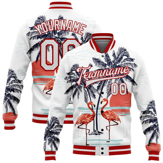 Custom White Red Flamingo And Tropical Hawaii Palm Tree 3D Bomber Full-Snap Varsity Letterman Jacket - Main View
