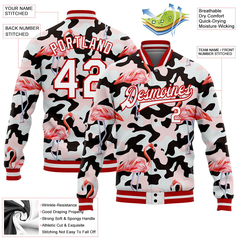 Custom Camo White-Red Flamingo 3D Pattern Design Bomber Full-Snap Varsity Letterman Salute To Service Jacket view 5