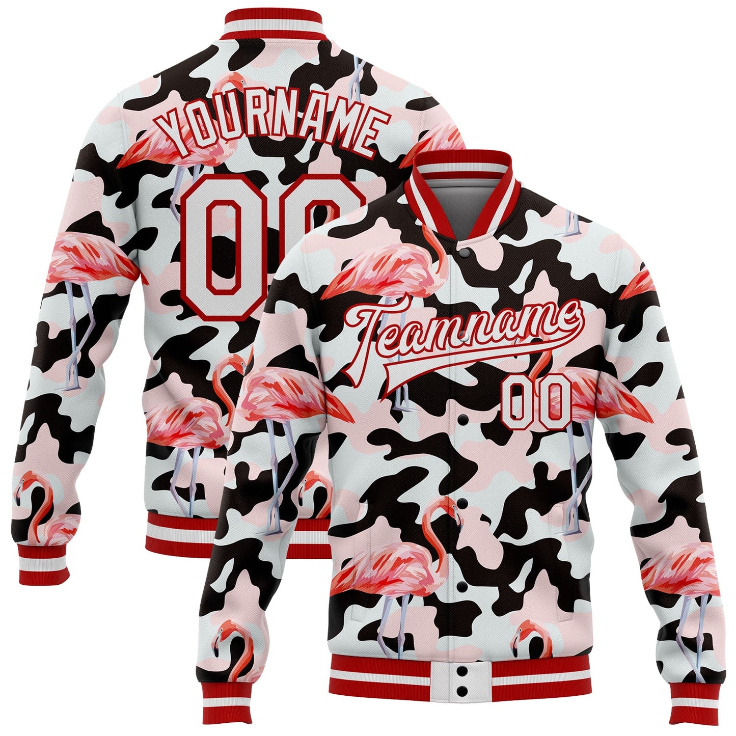 Custom Camo White-Red Flamingo 3D Pattern Design Bomber Full-Snap Varsity Letterman Salute To Service Jacket - Main View