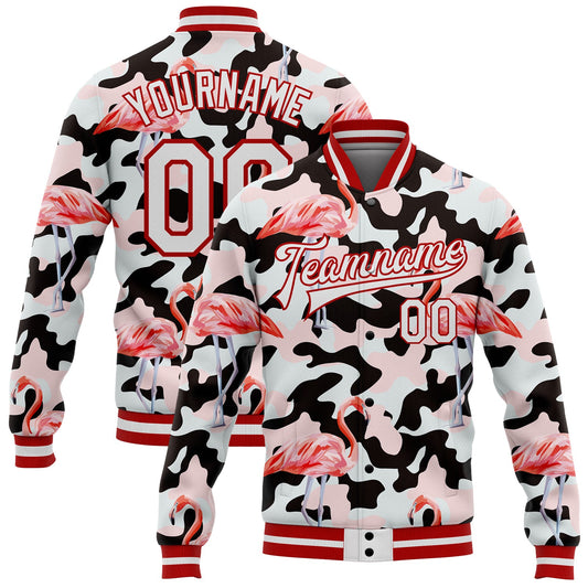 Custom Camo White-Red Flamingo 3D Pattern Design Bomber Full-Snap Varsity Letterman Salute To Service Jacket - Main View