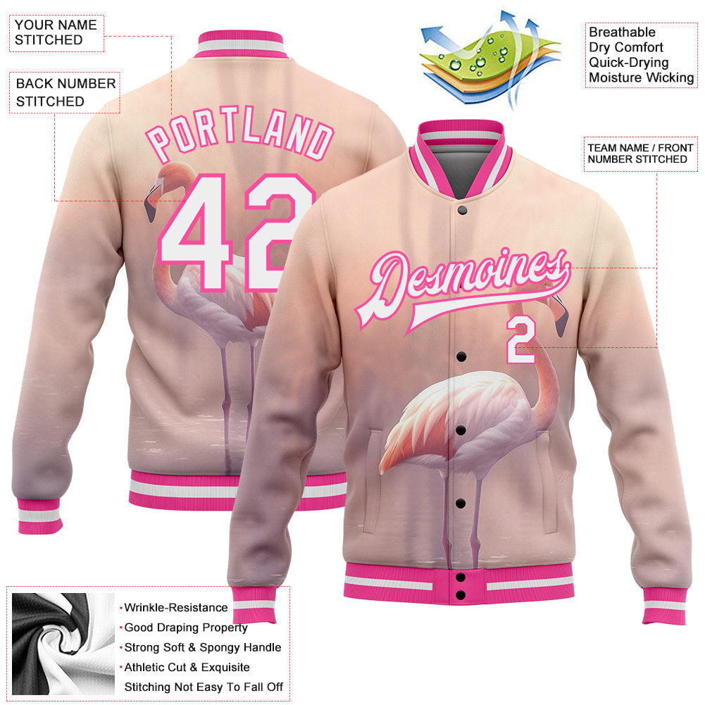 Custom Medium Pink White-Pink Flamingo 3D Pattern Design Bomber Full-Snap Varsity Letterman Jacket view 5