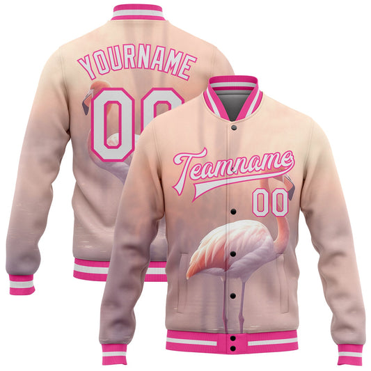 Custom Medium Pink White-Pink Flamingo 3D Pattern Design Bomber Full-Snap Varsity Letterman Jacket - Main View