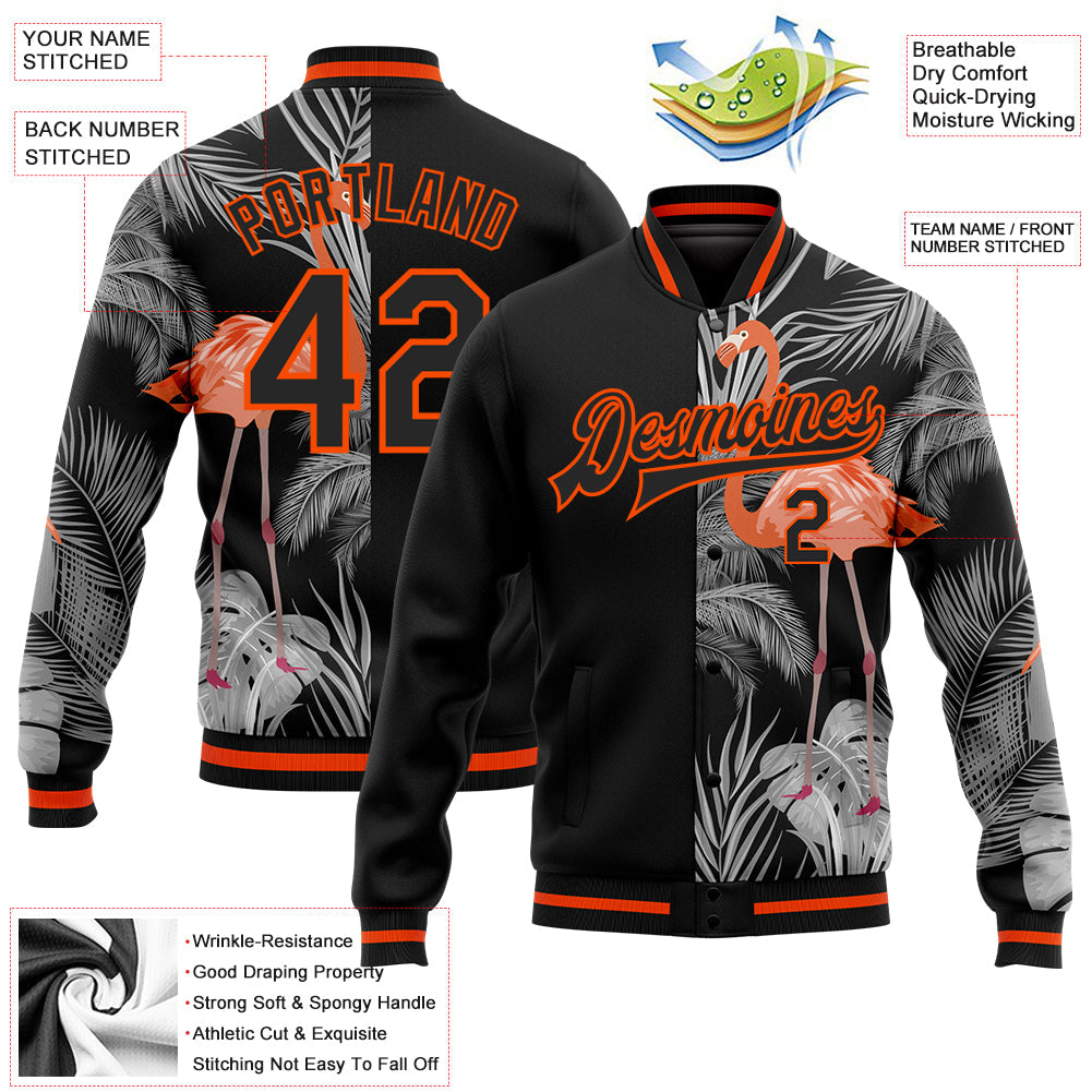 Custom Black Orange-Gray Flamingo And Tropical Hawaii Palm Plants 3D Bomber Full-Snap Varsity Letterman Jacket view 5