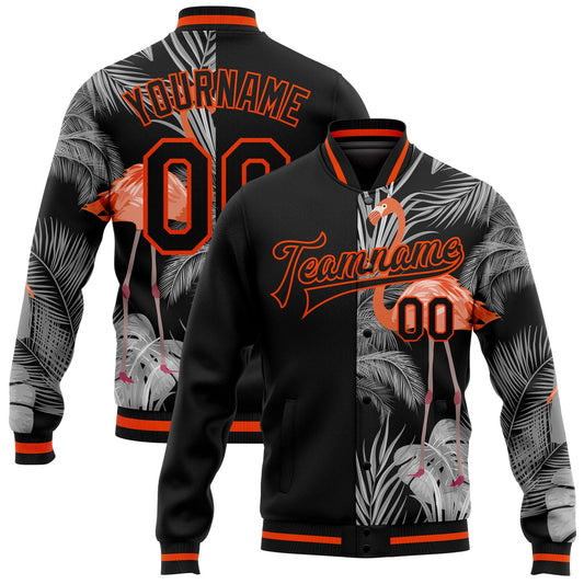 Custom Black Orange-Gray Flamingo And Tropical Hawaii Palm Plants 3D Bomber Full-Snap Varsity Letterman Jacket - Main View