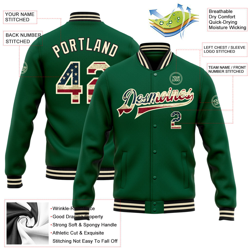 Custom Kelly Green Vintage USA Flag City Cream-Black Bomber Full-Snap Varsity Letterman Jacket view 5
