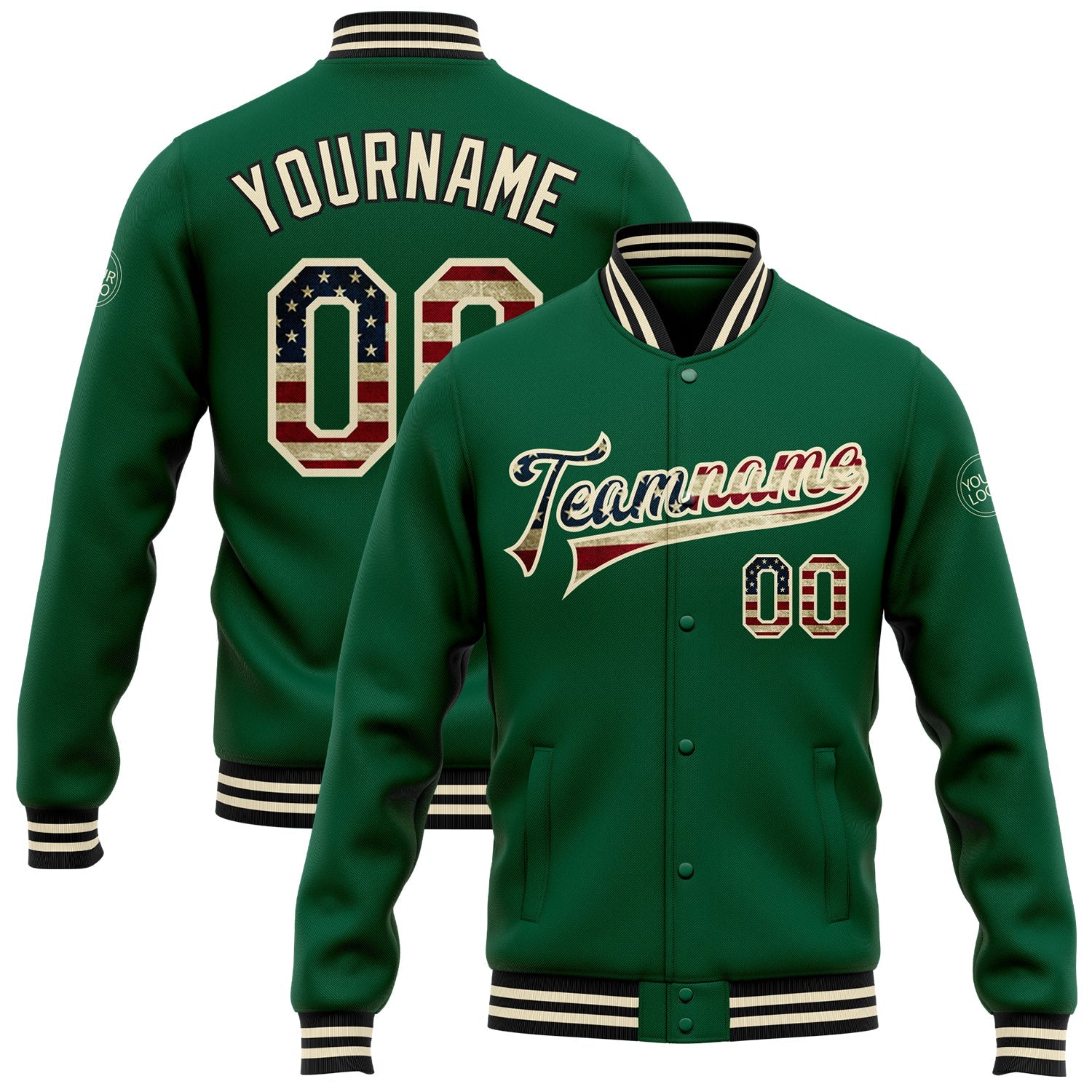 Custom Kelly Green Vintage USA Flag City Cream-Black Bomber Full-Snap Varsity Letterman Jacket - Main View