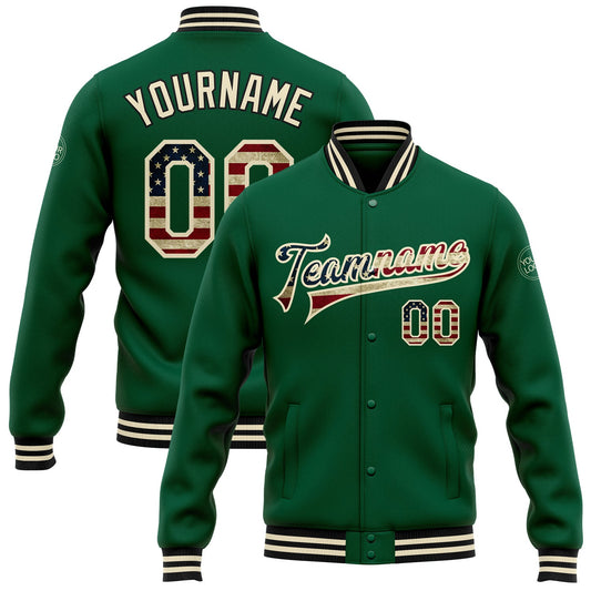 Custom Kelly Green Vintage USA Flag City Cream-Black Bomber Full-Snap Varsity Letterman Jacket - Main View