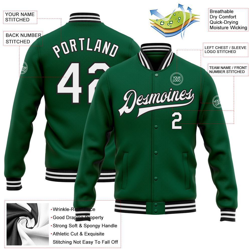 Custom Kelly Green White-Black Bomber Full-Snap Varsity Letterman Jacket view 5