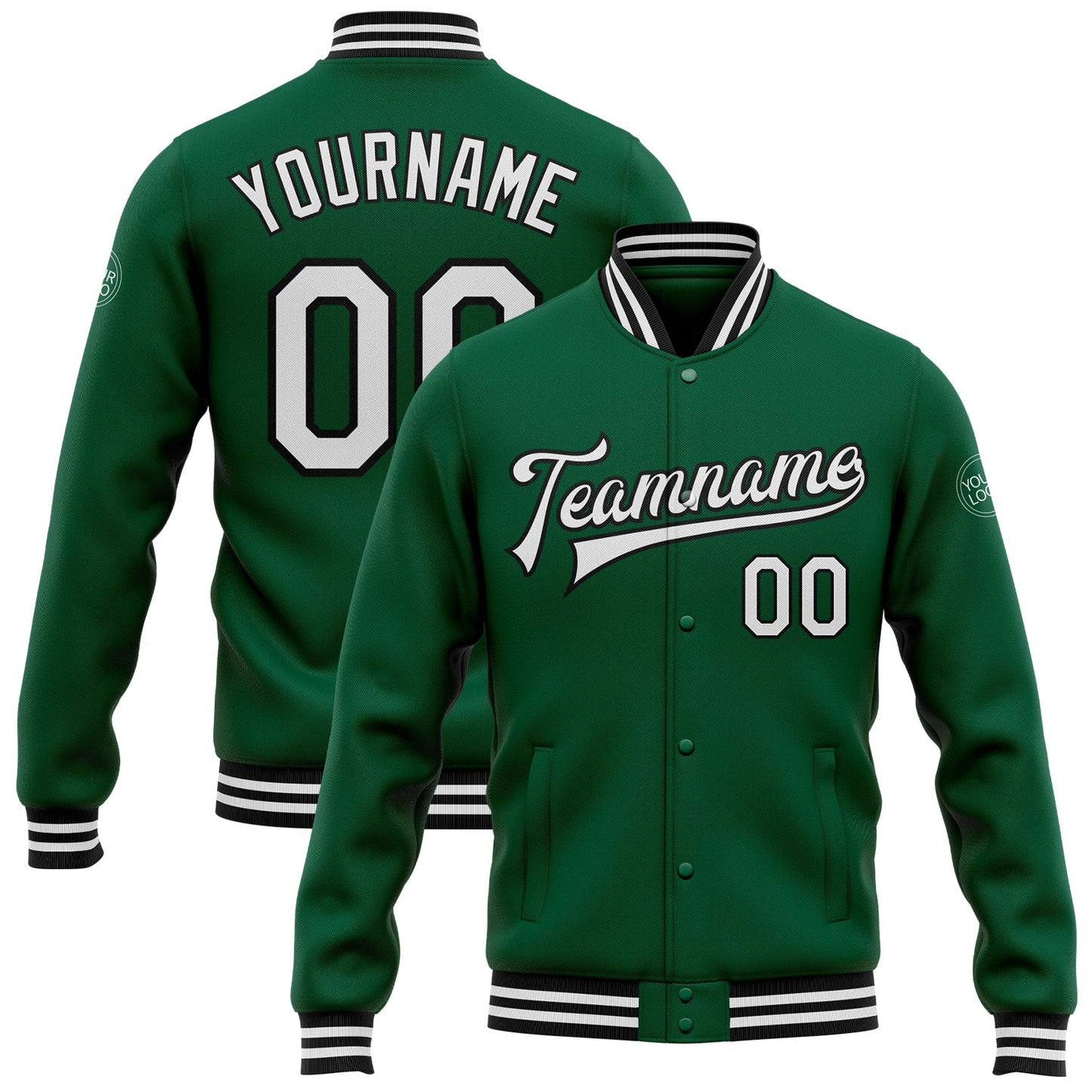 Custom Kelly Green White-Black Bomber Full-Snap Varsity Letterman Jacket - Main View