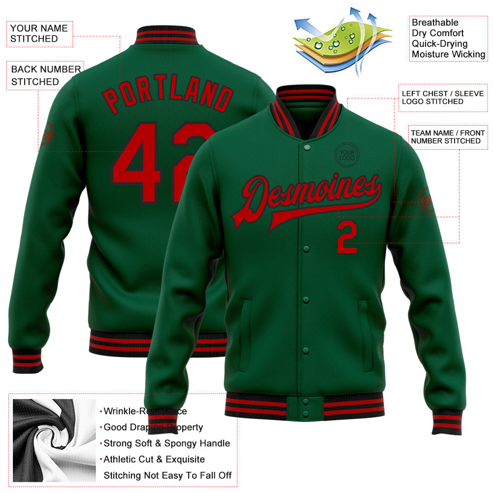 Custom Kelly Green Red-Black Bomber Full-Snap Varsity Letterman Jacket view 5