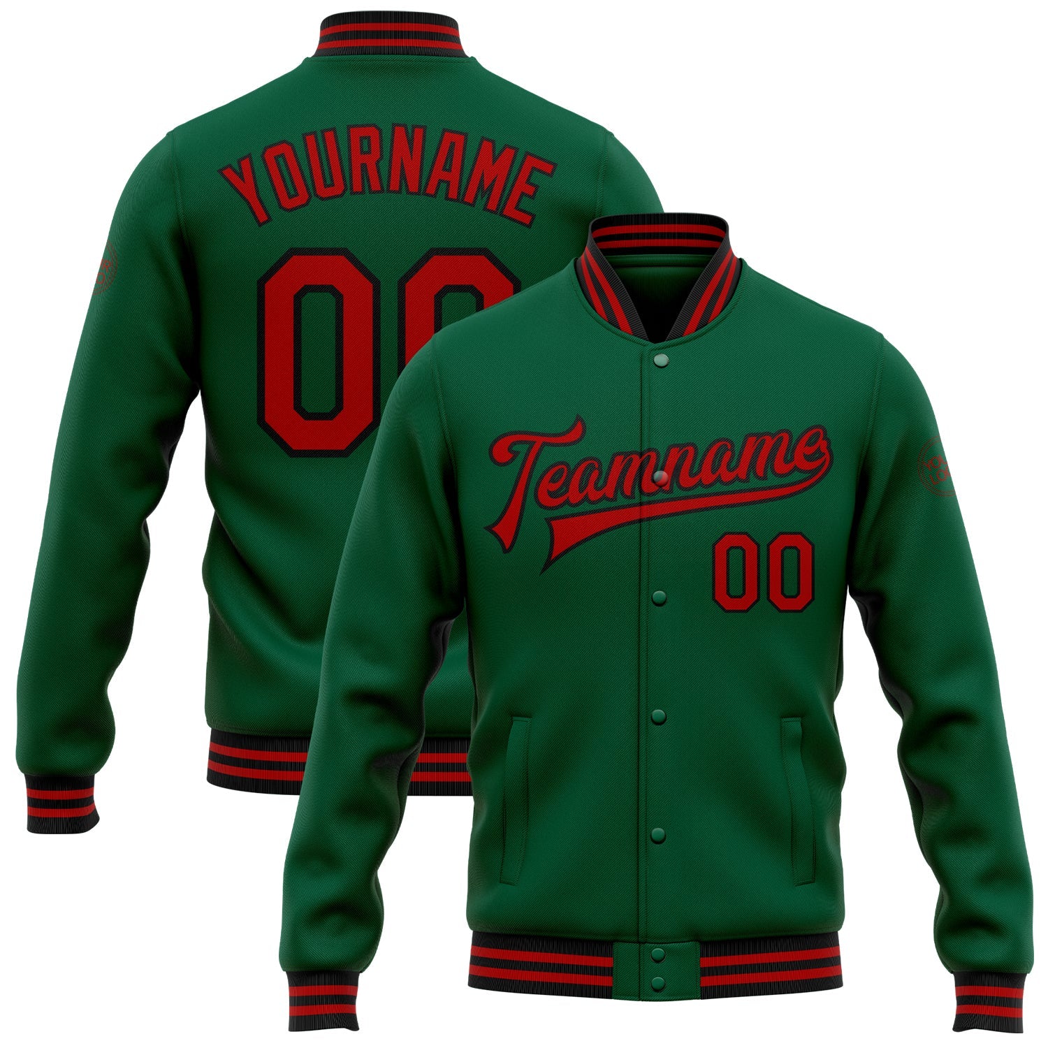 Custom Kelly Green Red-Black Bomber Full-Snap Varsity Letterman Jacket - Main View