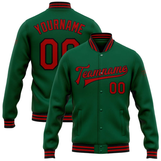 Custom Kelly Green Red-Black Bomber Full-Snap Varsity Letterman Jacket - Main View