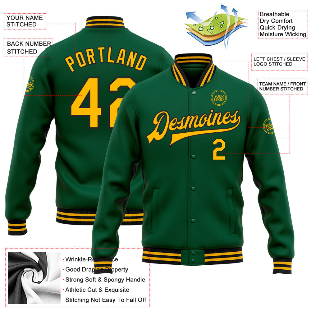 Custom Kelly Green Gold-Black Bomber Full-Snap Varsity Letterman Jacket view 5