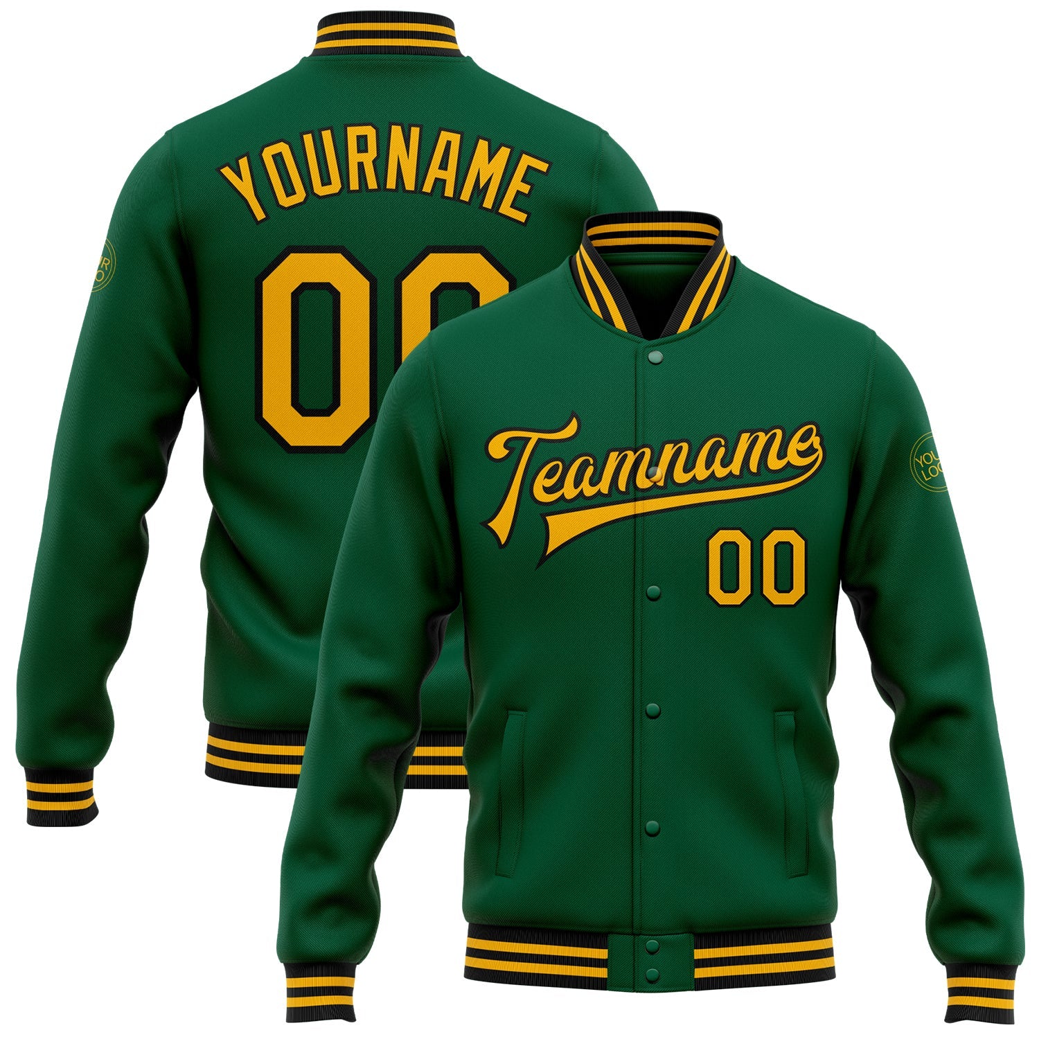 Custom Kelly Green Gold-Black Bomber Full-Snap Varsity Letterman Jacket - Main View