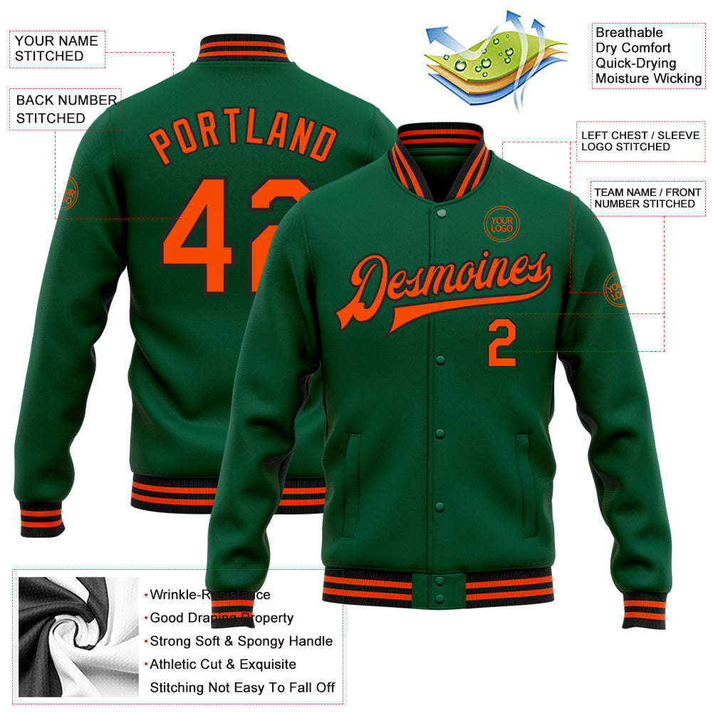 Custom Kelly Green Orange-Black Bomber Full-Snap Varsity Letterman Jacket view 5