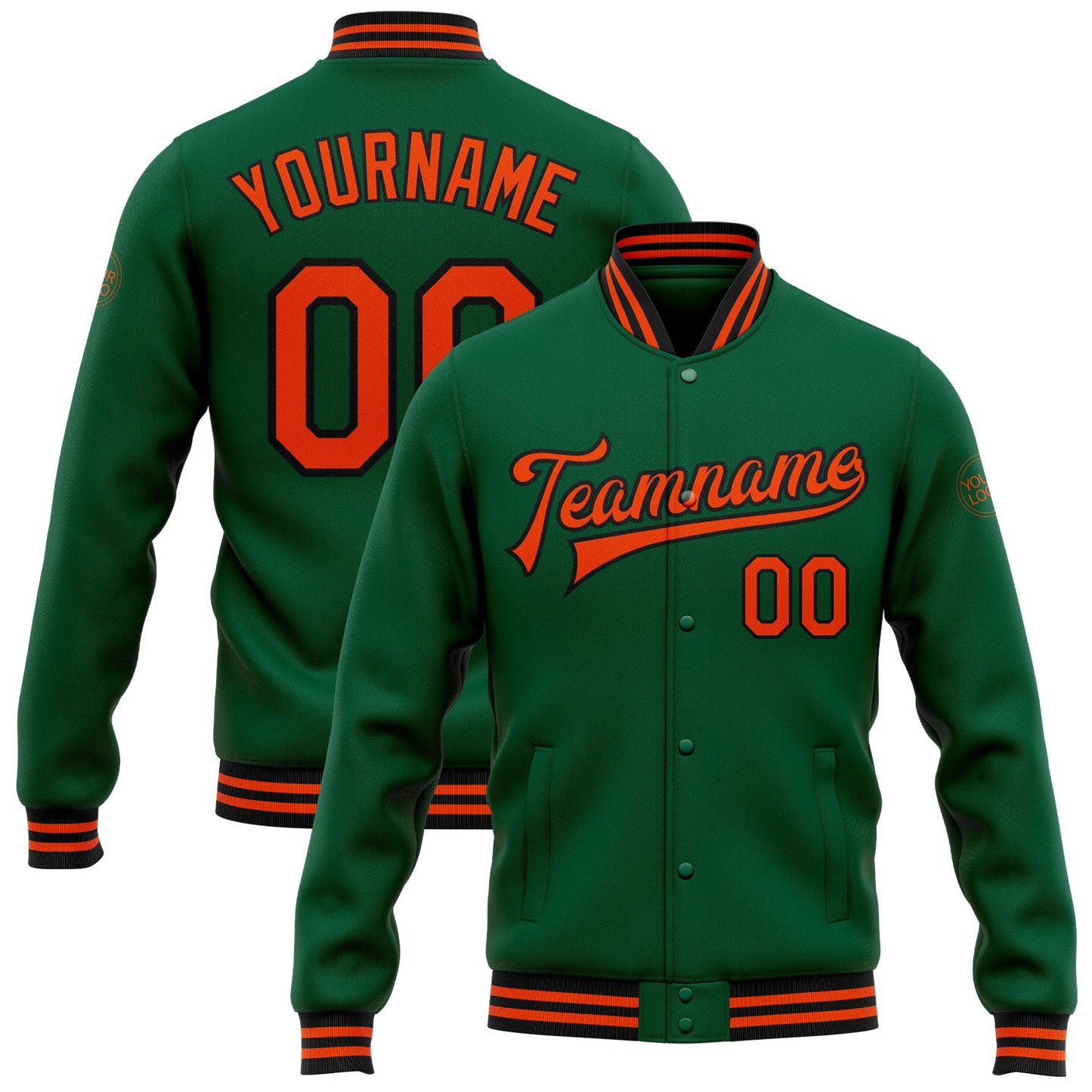 Custom Kelly Green Orange-Black Bomber Full-Snap Varsity Letterman Jacket - Main View