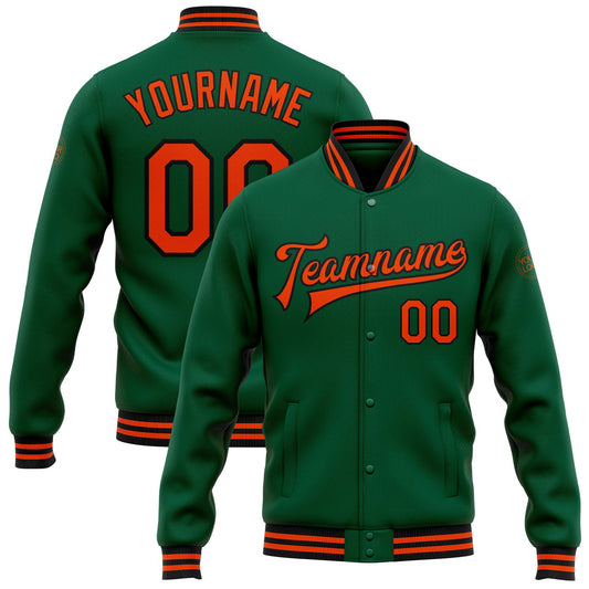 Custom Kelly Green Orange-Black Bomber Full-Snap Varsity Letterman Jacket - Main View