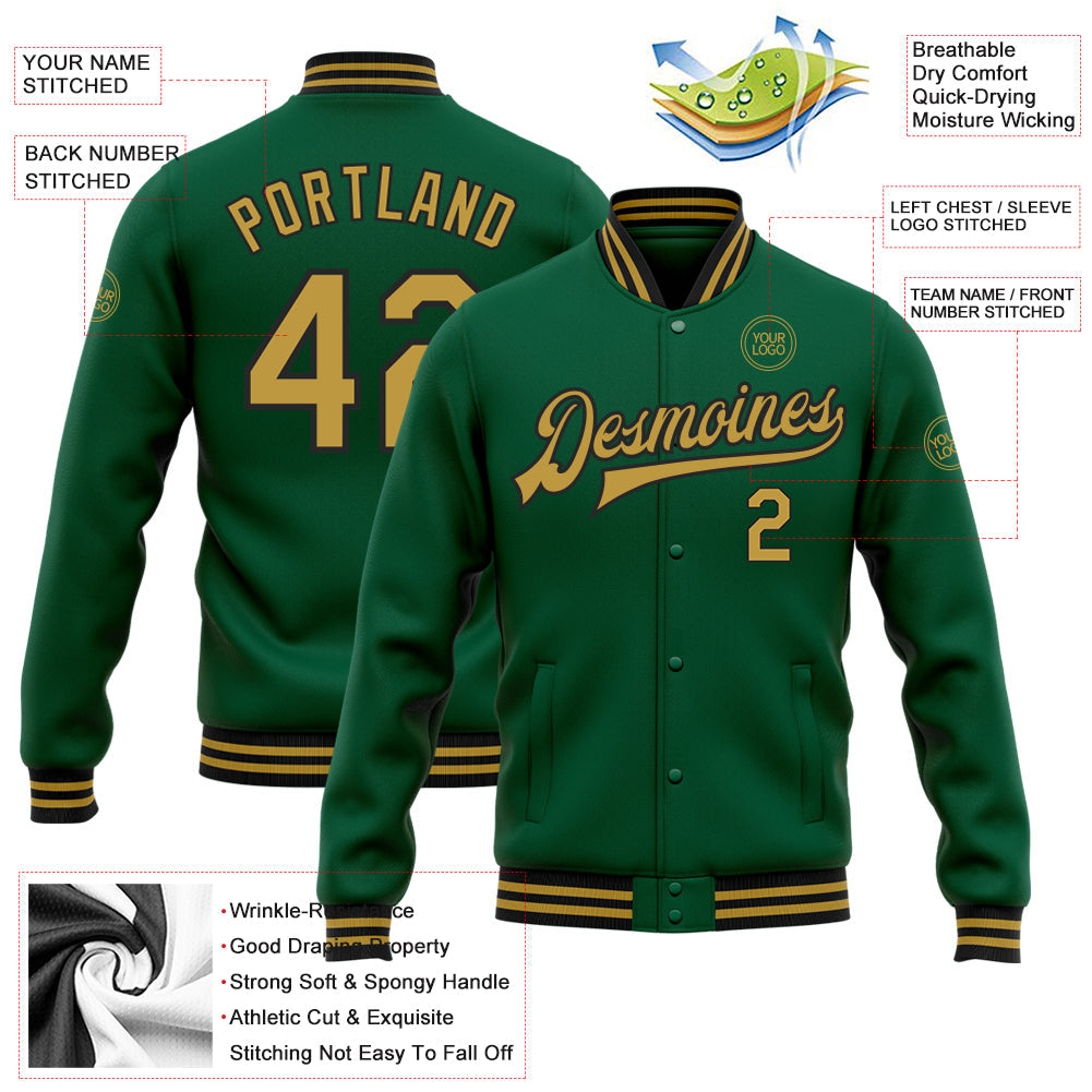 Custom Kelly Green Old Gold-Black Bomber Full-Snap Varsity Letterman Jacket view 5