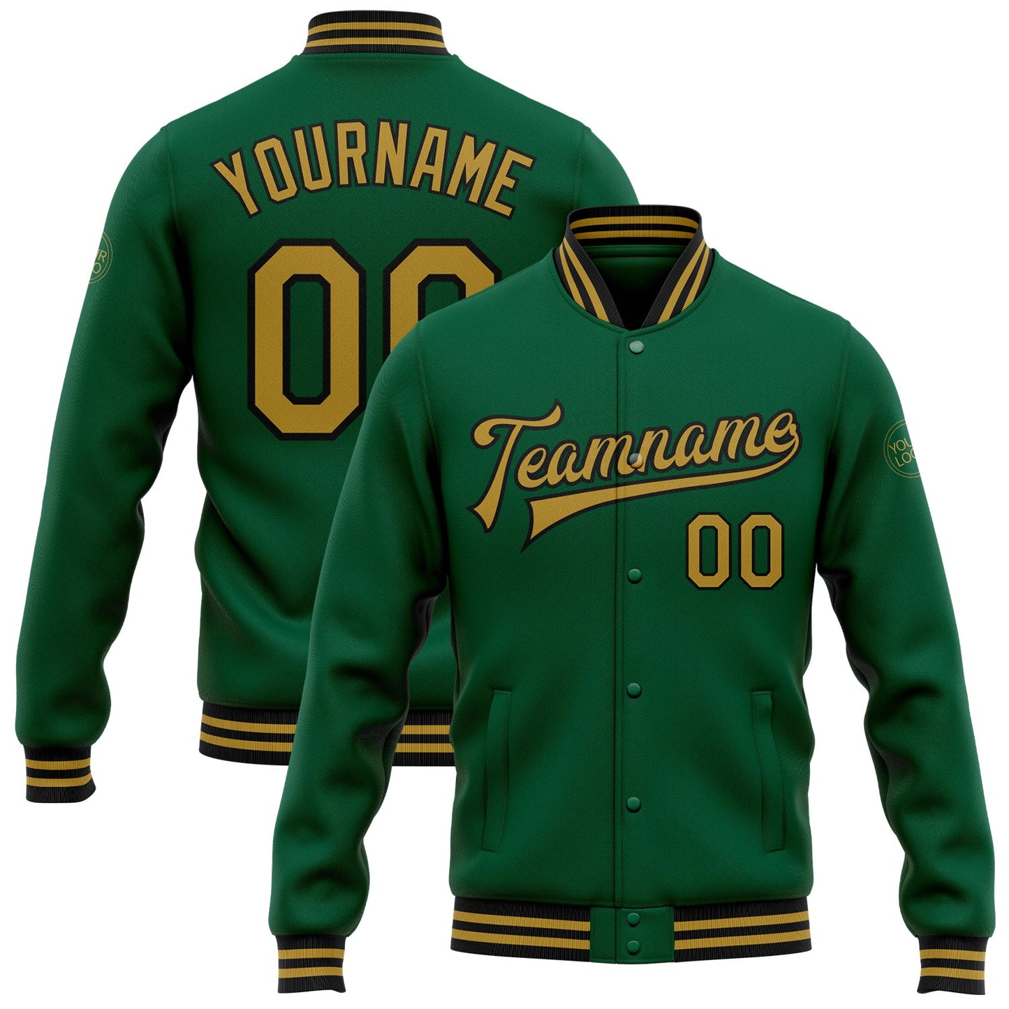 Custom Kelly Green Old Gold-Black Bomber Full-Snap Varsity Letterman Jacket - Main View