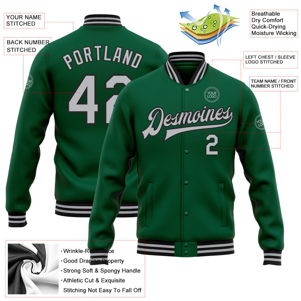 Custom Kelly Green Gray-Black Bomber Full-Snap Varsity Letterman Jacket view 5