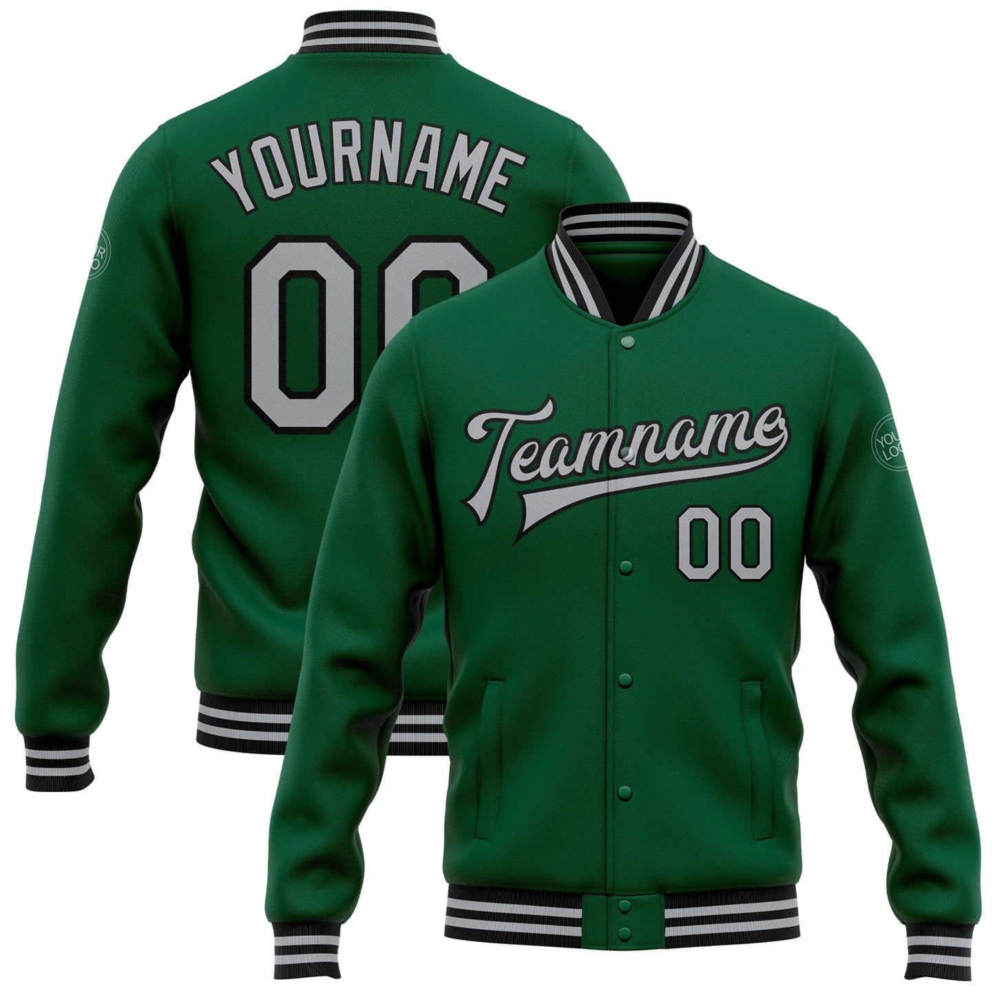 Custom Kelly Green Gray-Black Bomber Full-Snap Varsity Letterman Jacket - Main View