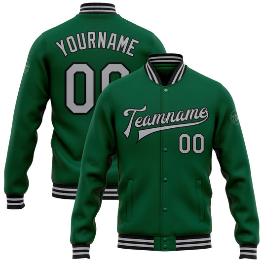 Custom Kelly Green Gray-Black Bomber Full-Snap Varsity Letterman Jacket - Main View