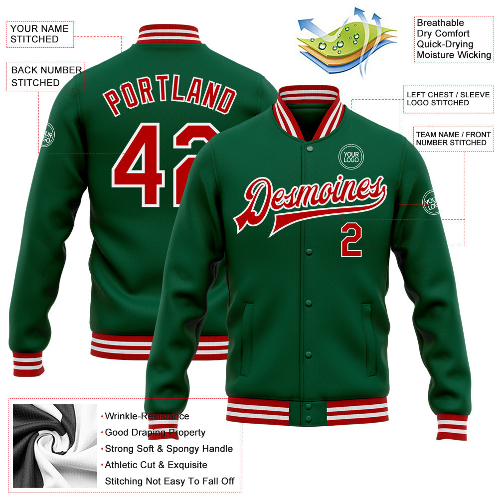 Custom Kelly Green Red-White Bomber Full-Snap Varsity Letterman Jacket view 5