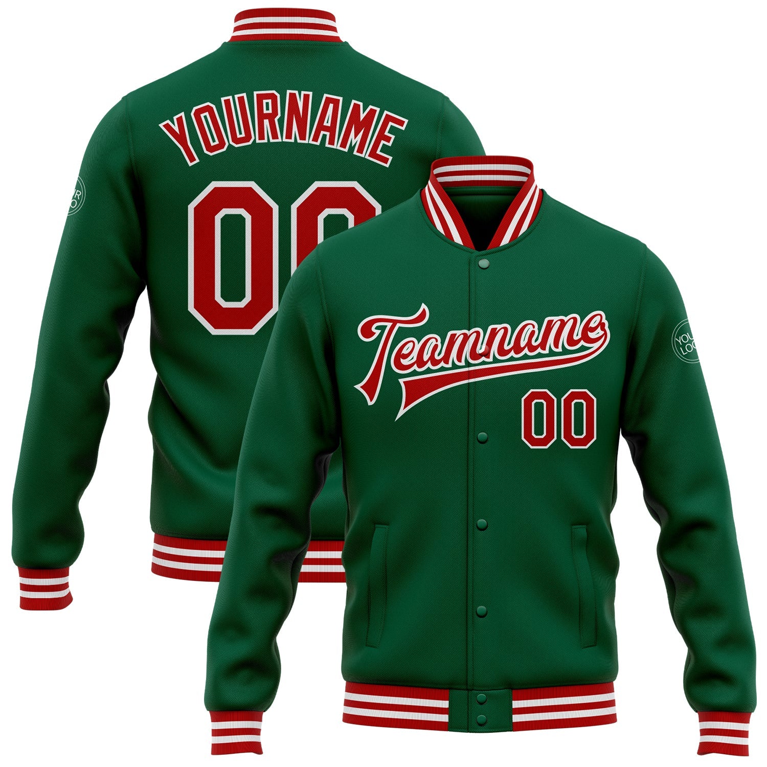 Custom Kelly Green Red-White Bomber Full-Snap Varsity Letterman Jacket - Main View