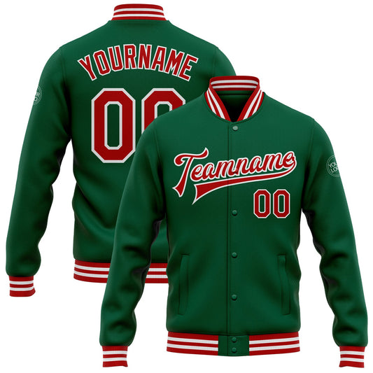 Custom Kelly Green Red-White Bomber Full-Snap Varsity Letterman Jacket - Main View