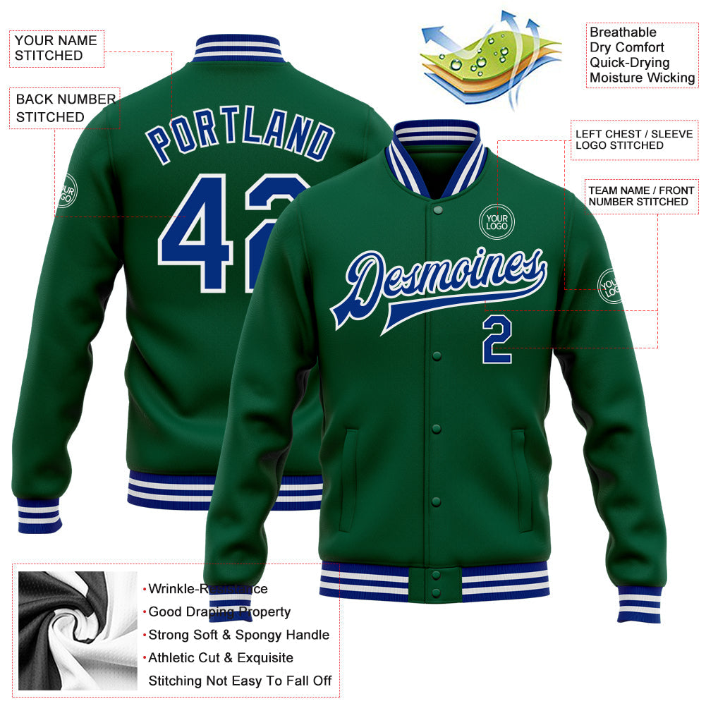 Custom Kelly Green Royal-White Bomber Full-Snap Varsity Letterman Jacket view 5