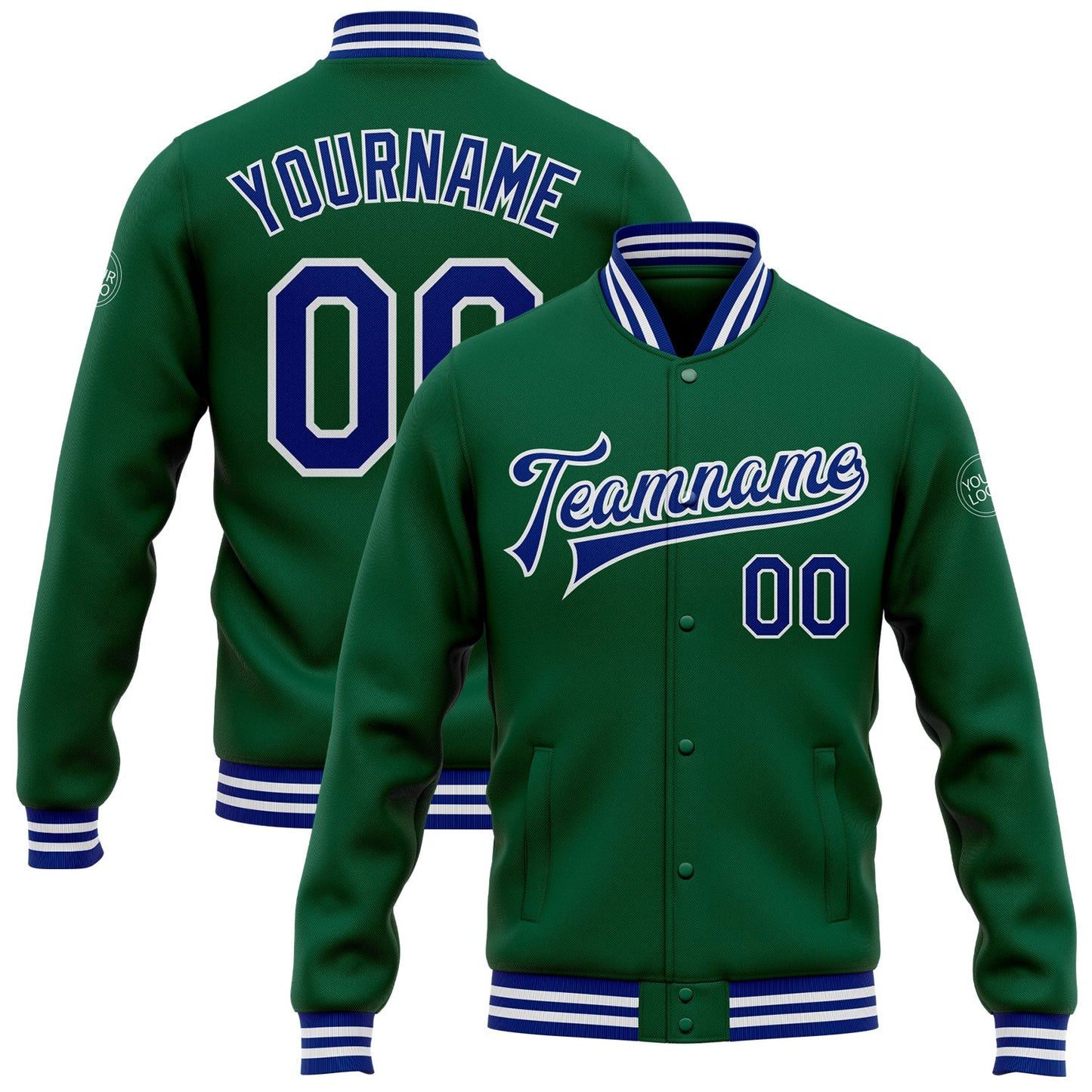 Custom Kelly Green Royal-White Bomber Full-Snap Varsity Letterman Jacket - Main View