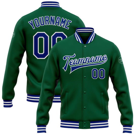 Custom Kelly Green Royal-White Bomber Full-Snap Varsity Letterman Jacket - Main View