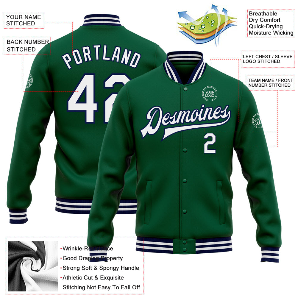 Custom Kelly Green White-Navy Bomber Full-Snap Varsity Letterman Jacket view 5