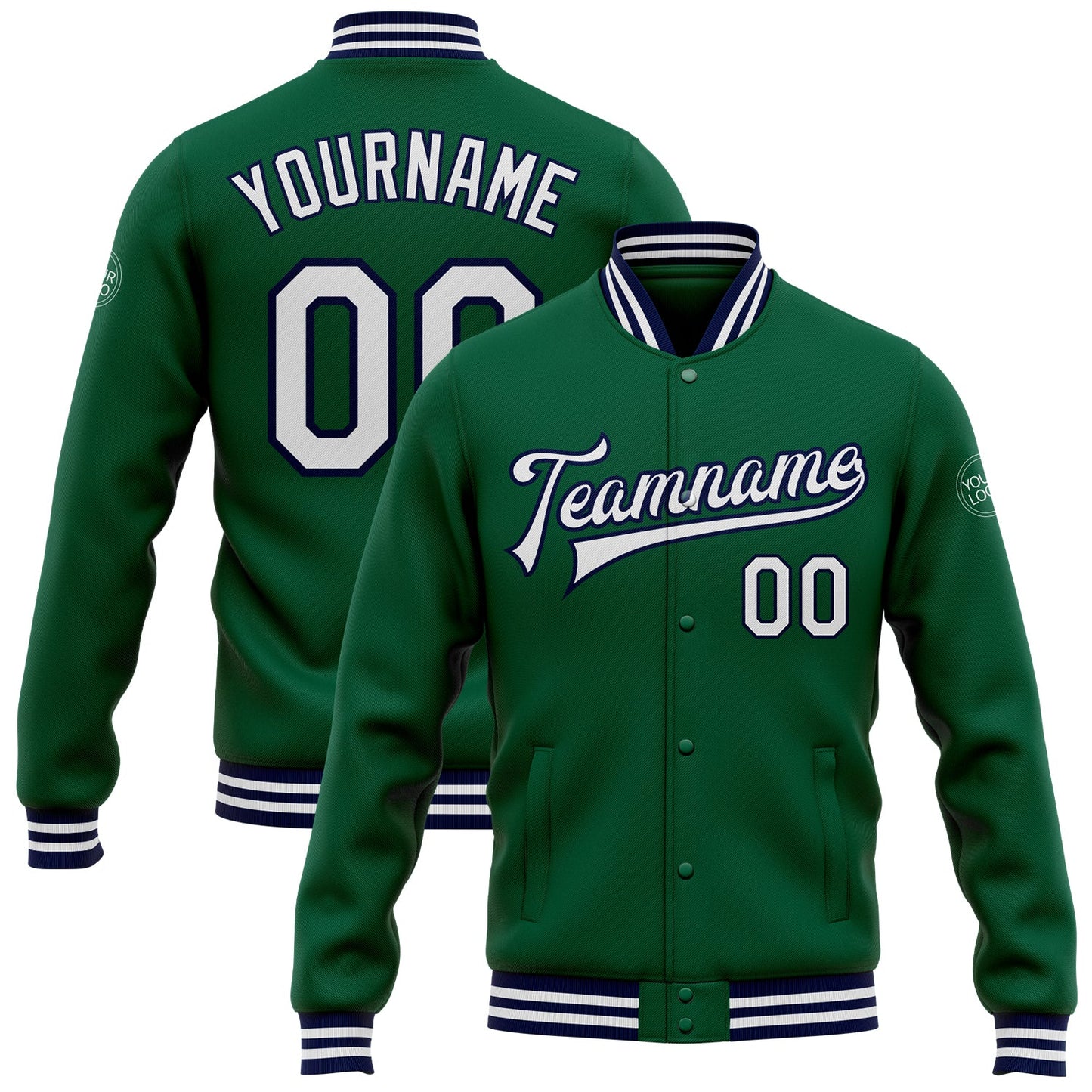 Custom Kelly Green White-Navy Bomber Full-Snap Varsity Letterman Jacket - Main View
