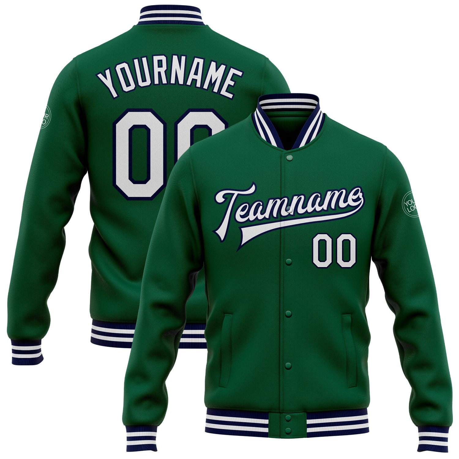 Custom Kelly Green White-Navy Bomber Full-Snap Varsity Letterman Jacket - Main View