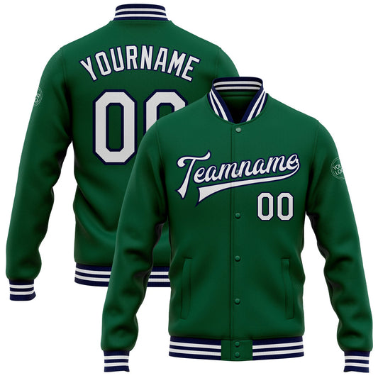 Custom Kelly Green White-Navy Bomber Full-Snap Varsity Letterman Jacket - Main View