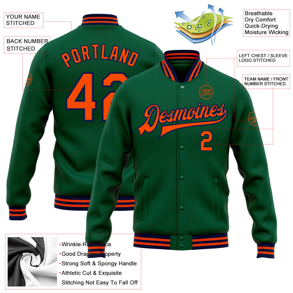 Custom Kelly Green Orange-Navy Bomber Full-Snap Varsity Letterman Jacket view 5