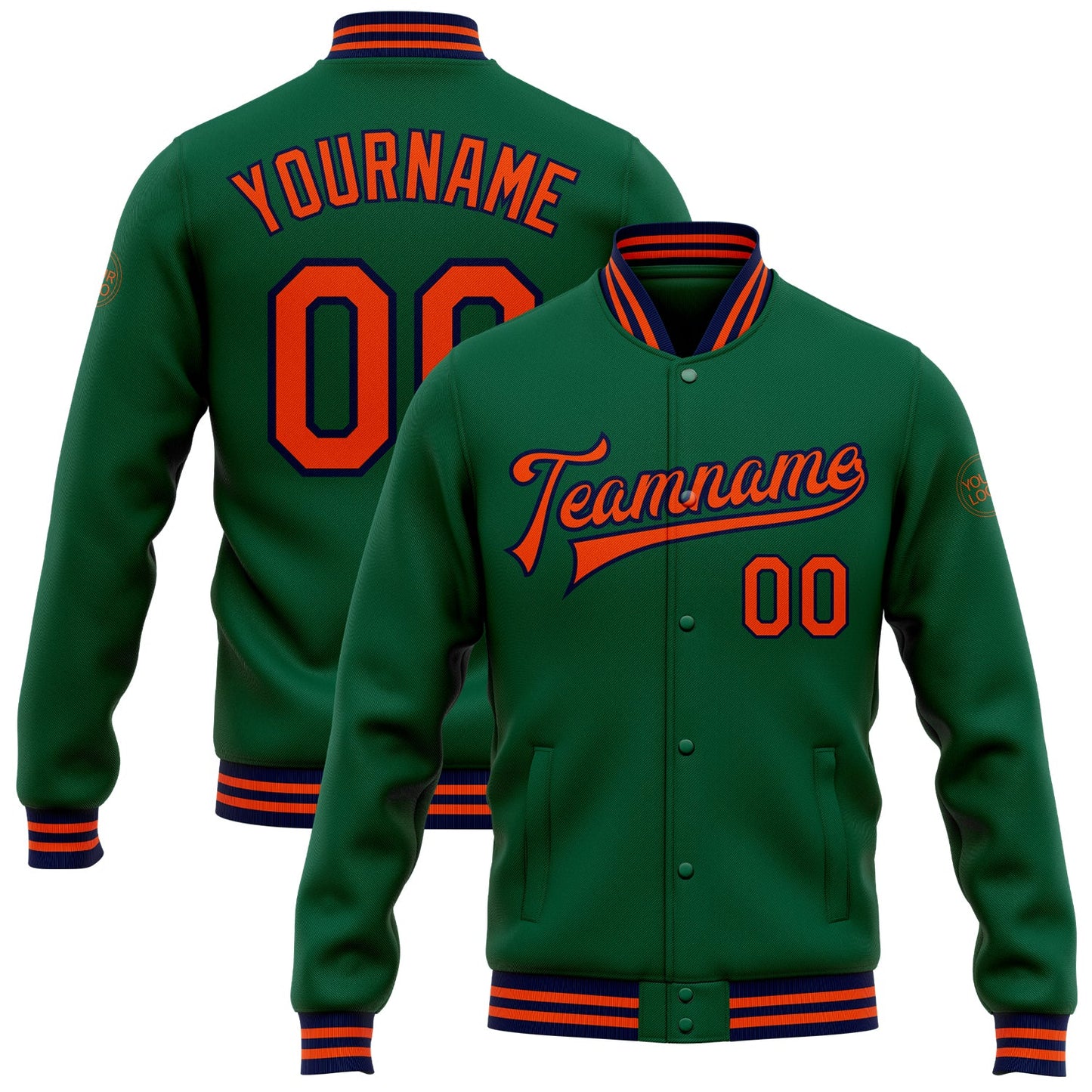 Custom Kelly Green Orange-Navy Bomber Full-Snap Varsity Letterman Jacket - Main View
