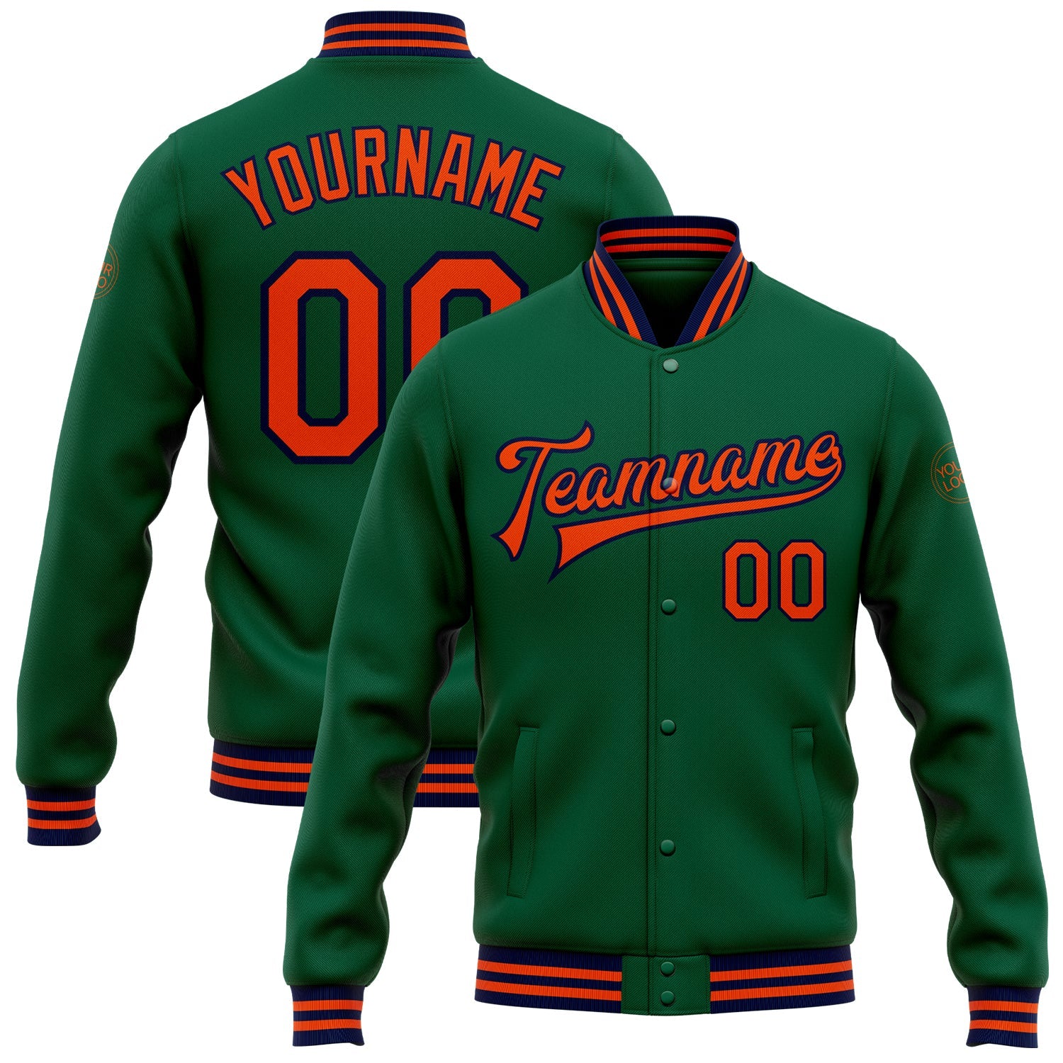 Custom Kelly Green Orange-Navy Bomber Full-Snap Varsity Letterman Jacket - Main View
