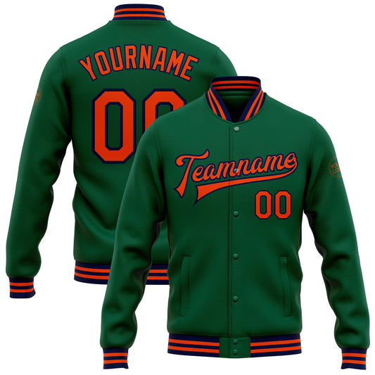 Custom Kelly Green Orange-Navy Bomber Full-Snap Varsity Letterman Jacket - Main View