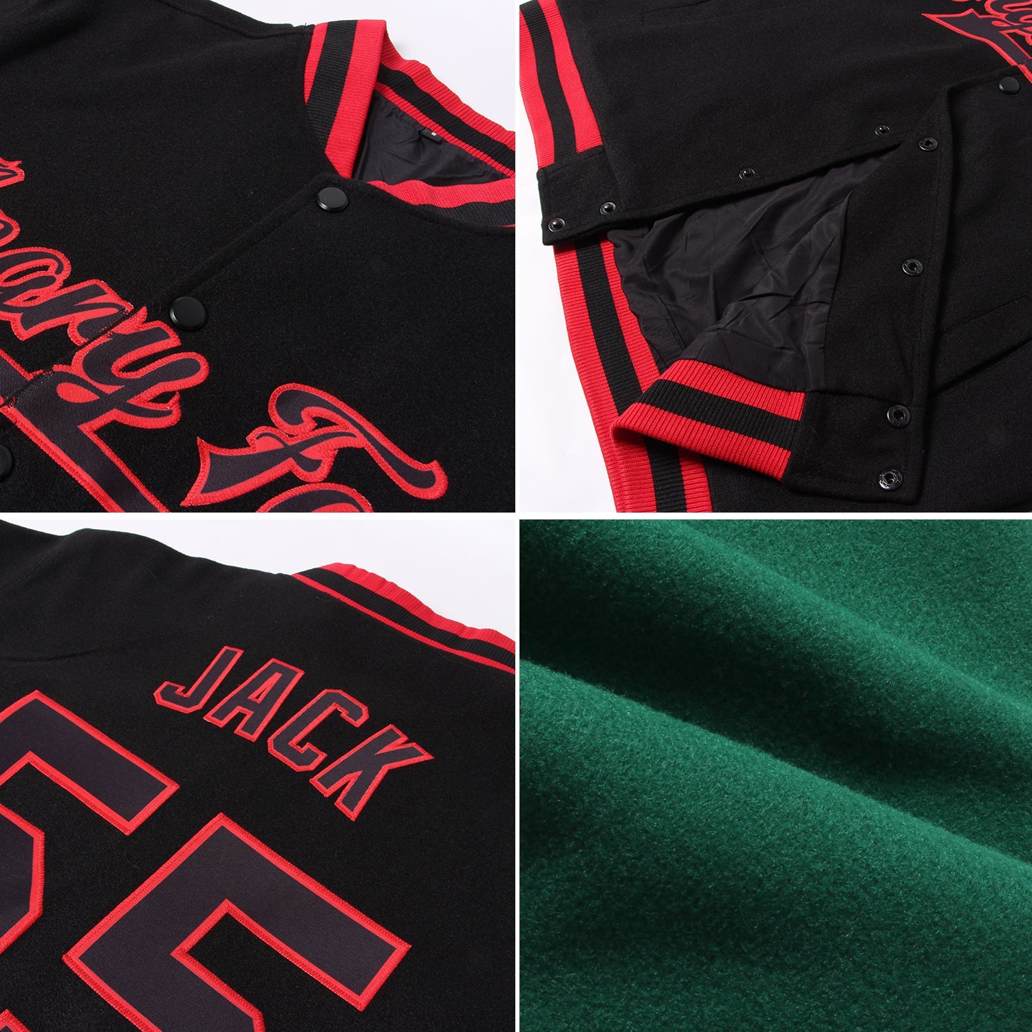 Custom Kelly Green Gold-Navy Bomber Full-Snap Varsity Letterman Jacket view 4
