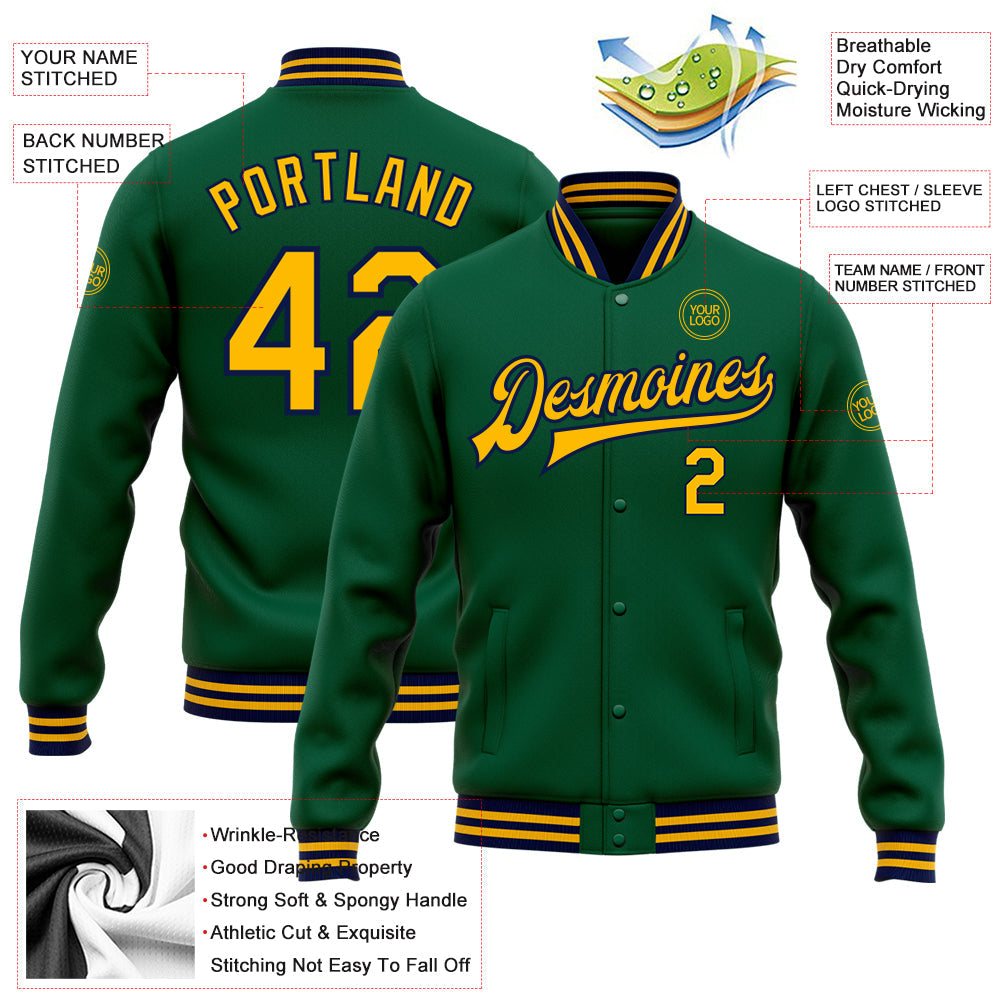 Custom Kelly Green Gold-Navy Bomber Full-Snap Varsity Letterman Jacket view 5