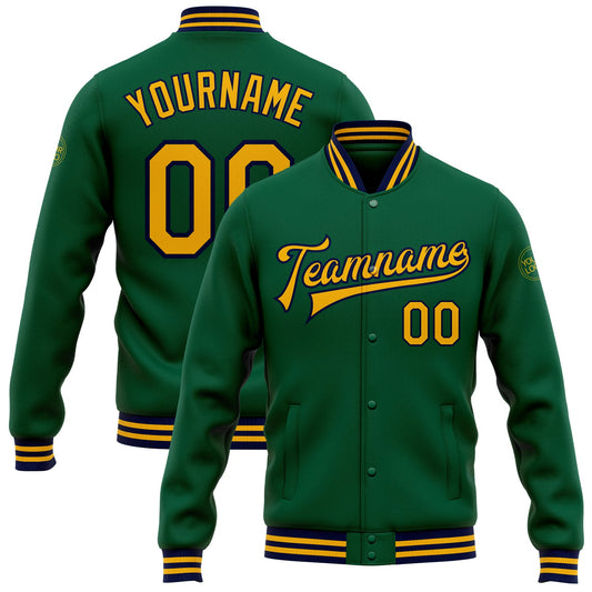 Custom Kelly Green Gold-Navy Bomber Full-Snap Varsity Letterman Jacket - Main View