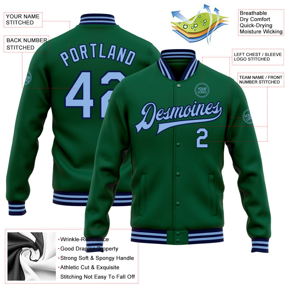 Custom Kelly Green Light Blue-Navy Bomber Full-Snap Varsity Letterman Jacket view 5