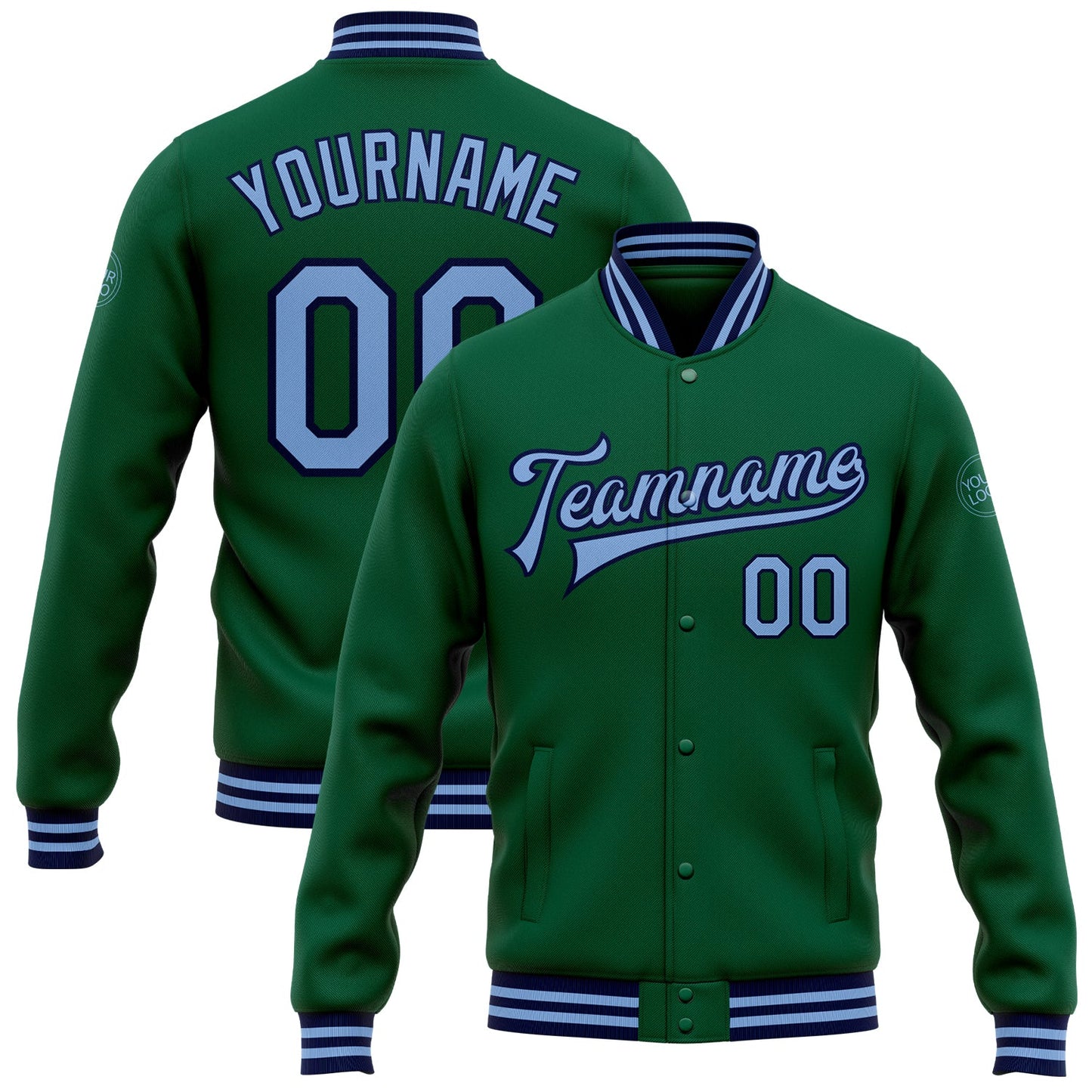 Custom Kelly Green Light Blue-Navy Bomber Full-Snap Varsity Letterman Jacket - Main View