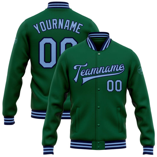 Custom Kelly Green Light Blue-Navy Bomber Full-Snap Varsity Letterman Jacket - Main View